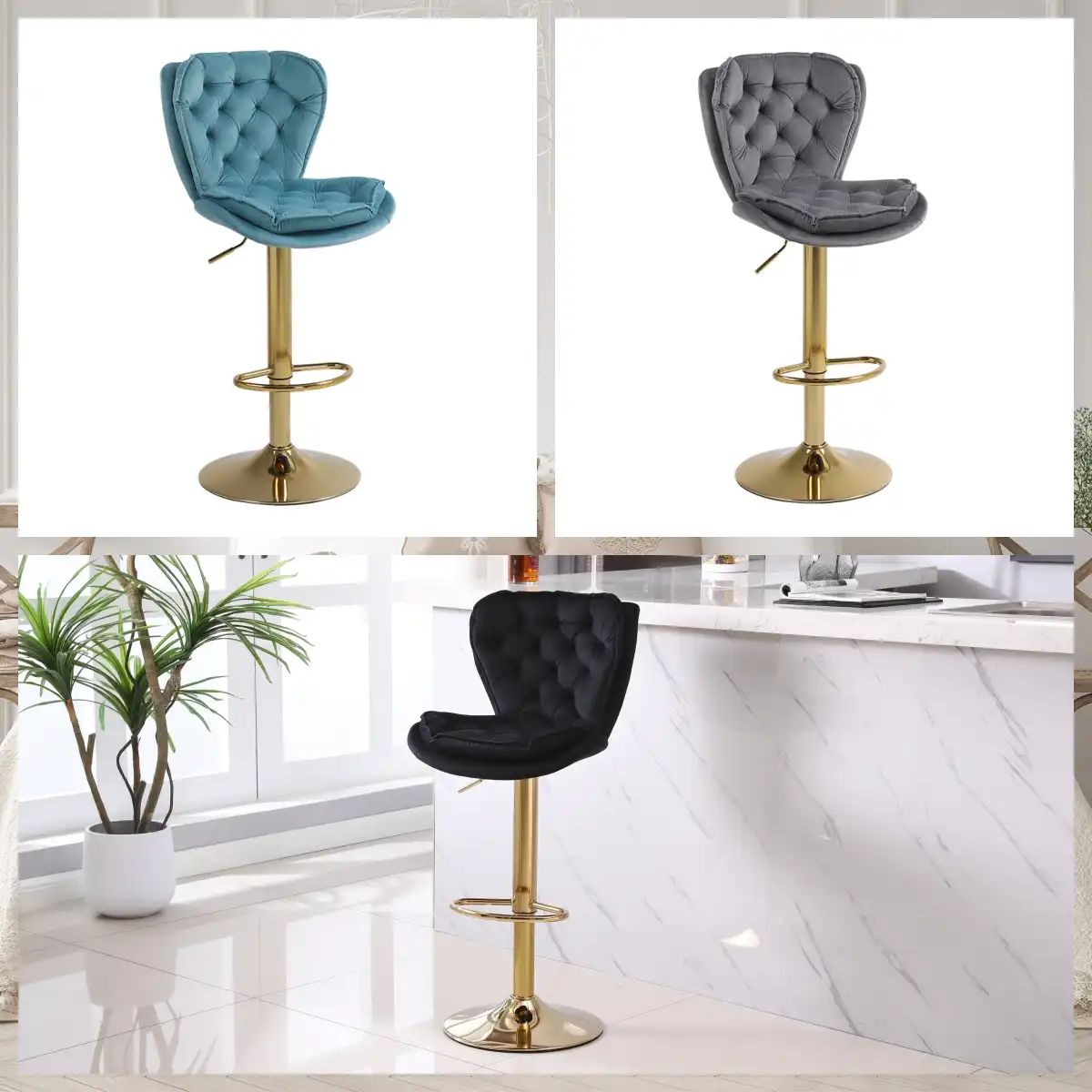 How Black Velvet Bar Stool Chairs Anchor a Dramatic Kitchen Design